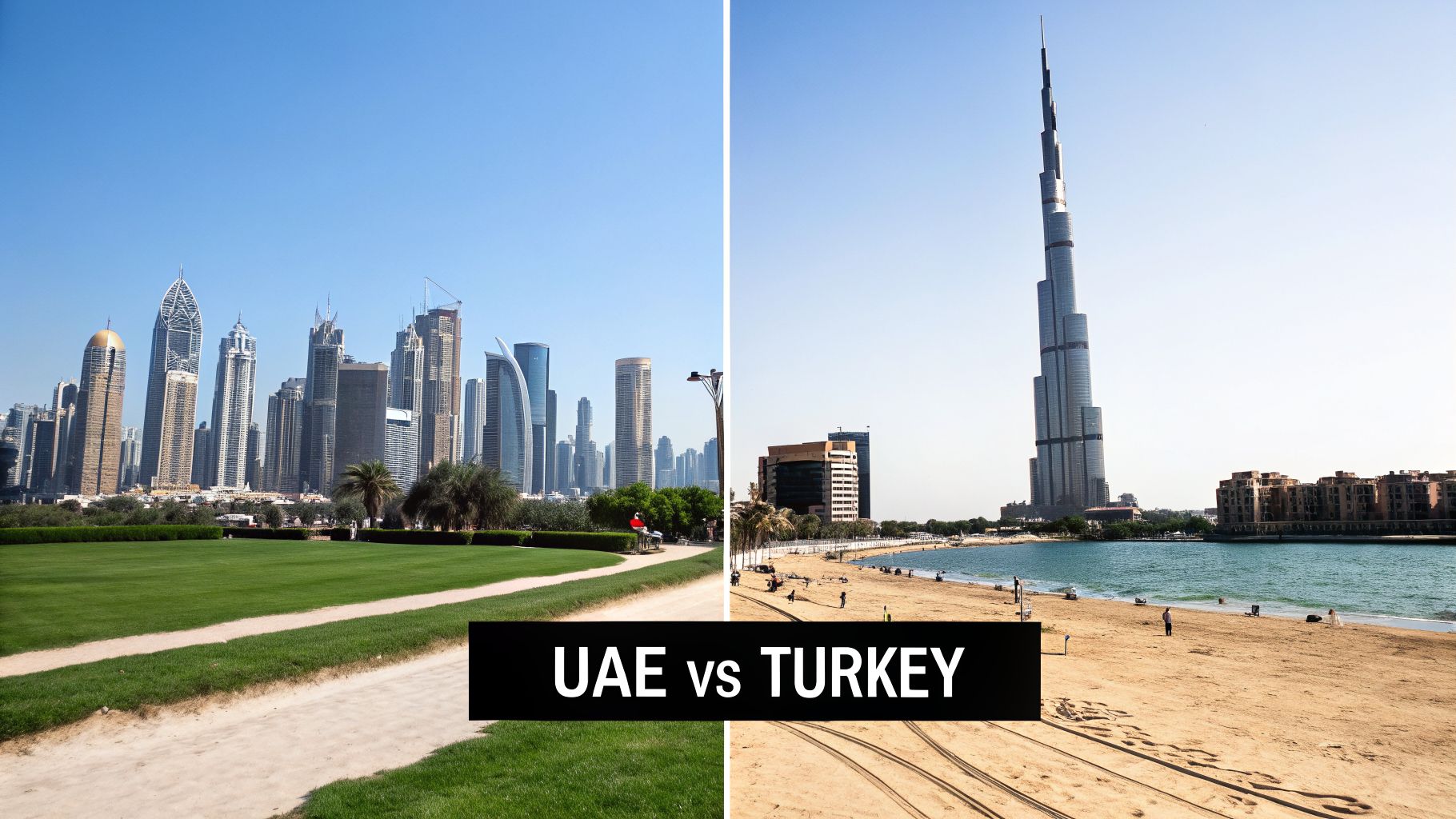Two cityscapes of Dubai, UAE, featuring modern skyscrapers, a green park, the Burj Khalifa, and a beach.