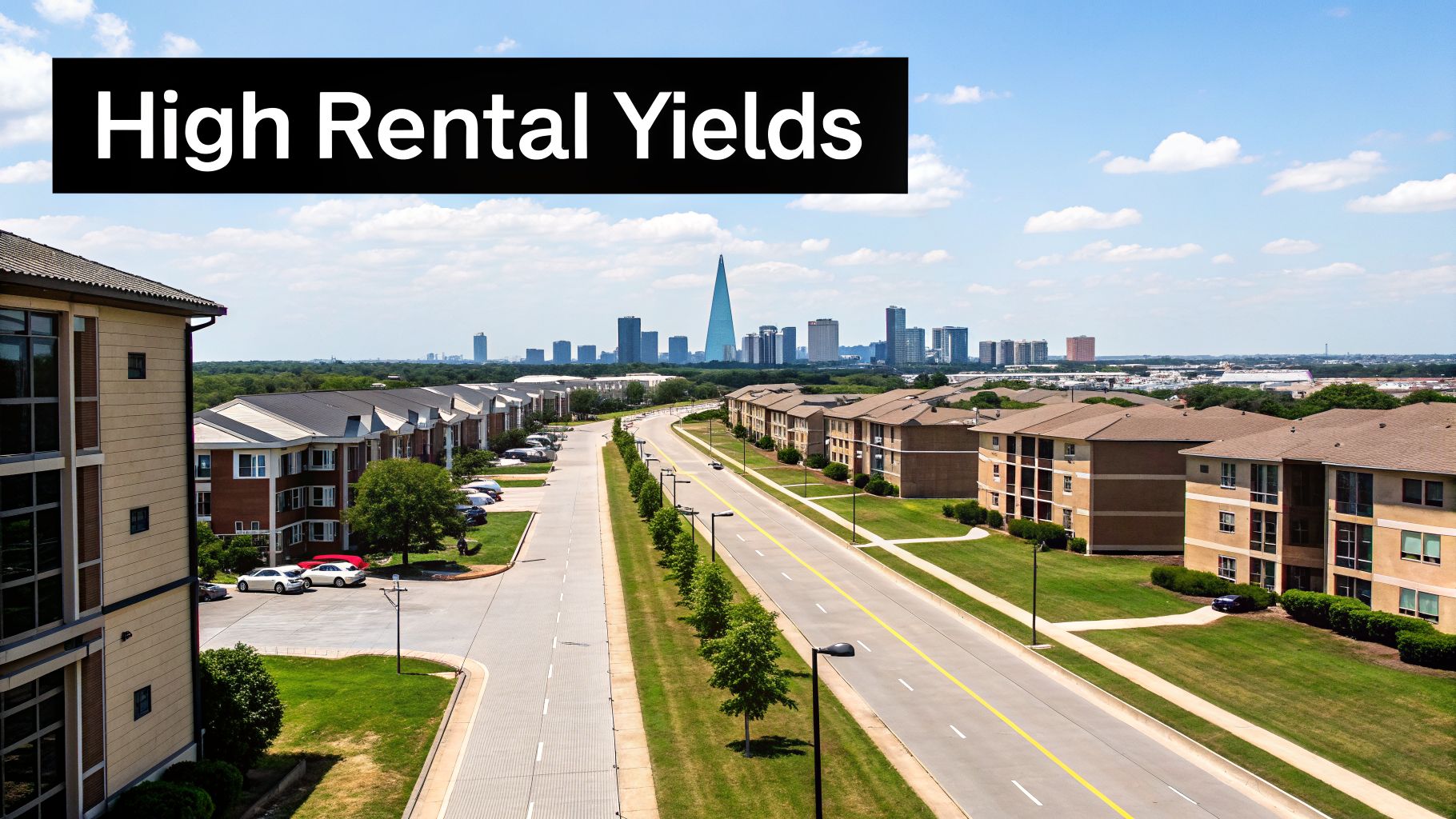Aerial view of apartment complexes and a city skyline under a blue sky, with 'High Rental Yields' text overlay.
