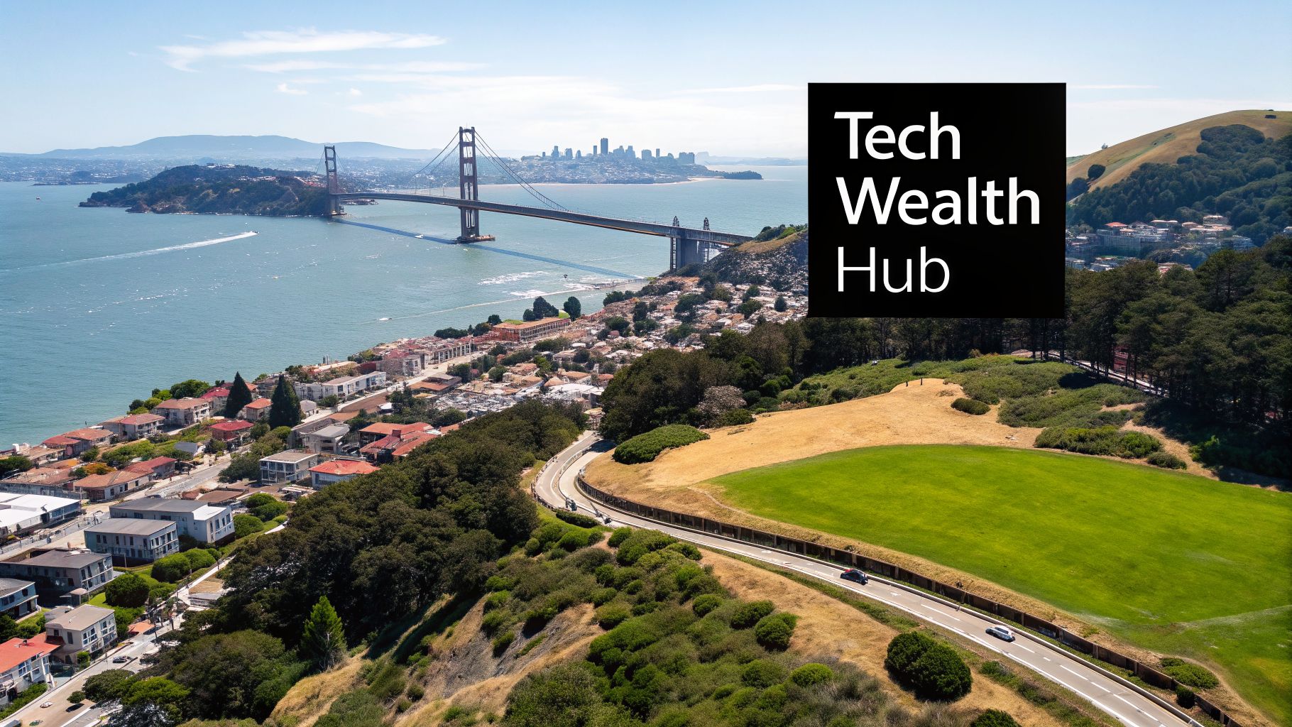 Scenic aerial view of Golden Gate Bridge, San Francisco, bay, and coastal homes.