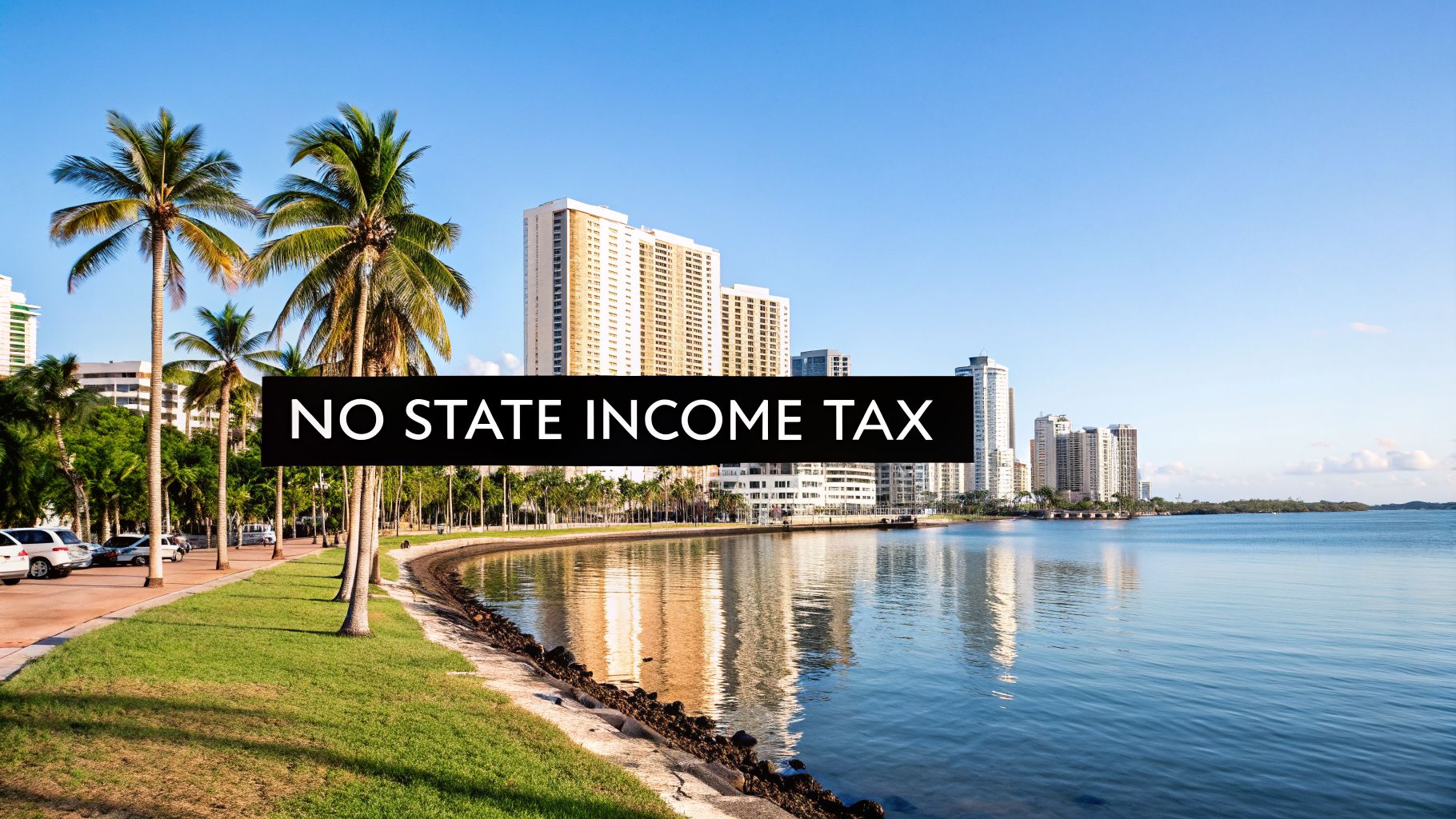 A scenic waterfront cityscape with palm trees and modern buildings, featuring a banner that says 'NO STATE INCOME TAX'.