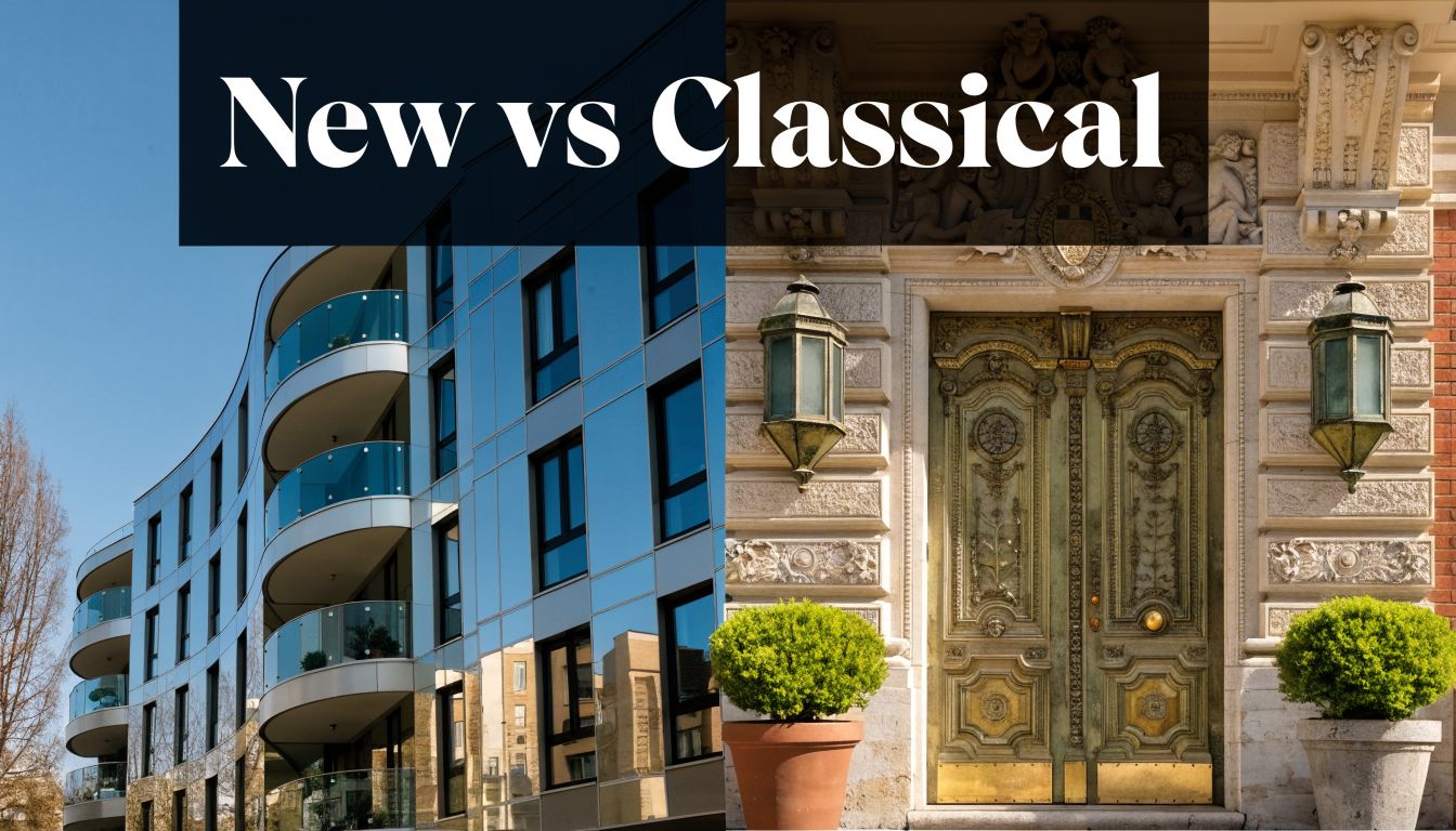 A split-screen comparison of a modern glass apartment building and a classic ornate historical building entrance.