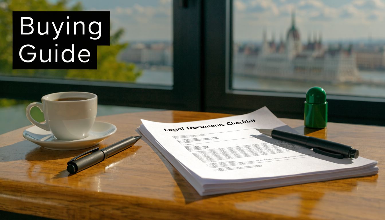 A cup of coffee and a legal documents checklist on a wooden table overlooking Budapest architecture.