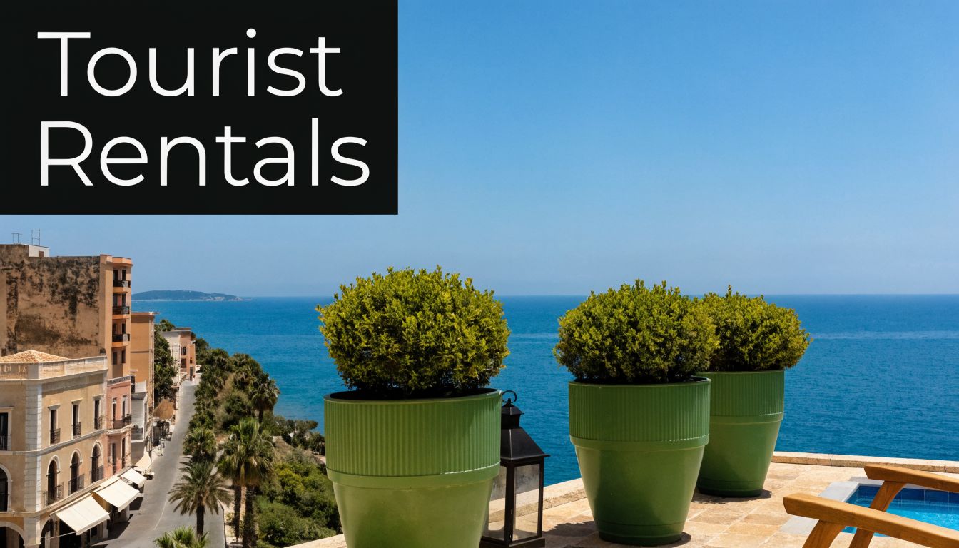 A scenic balcony view of a coastal town, ocean, and lush green potted plants under a sunny sky.