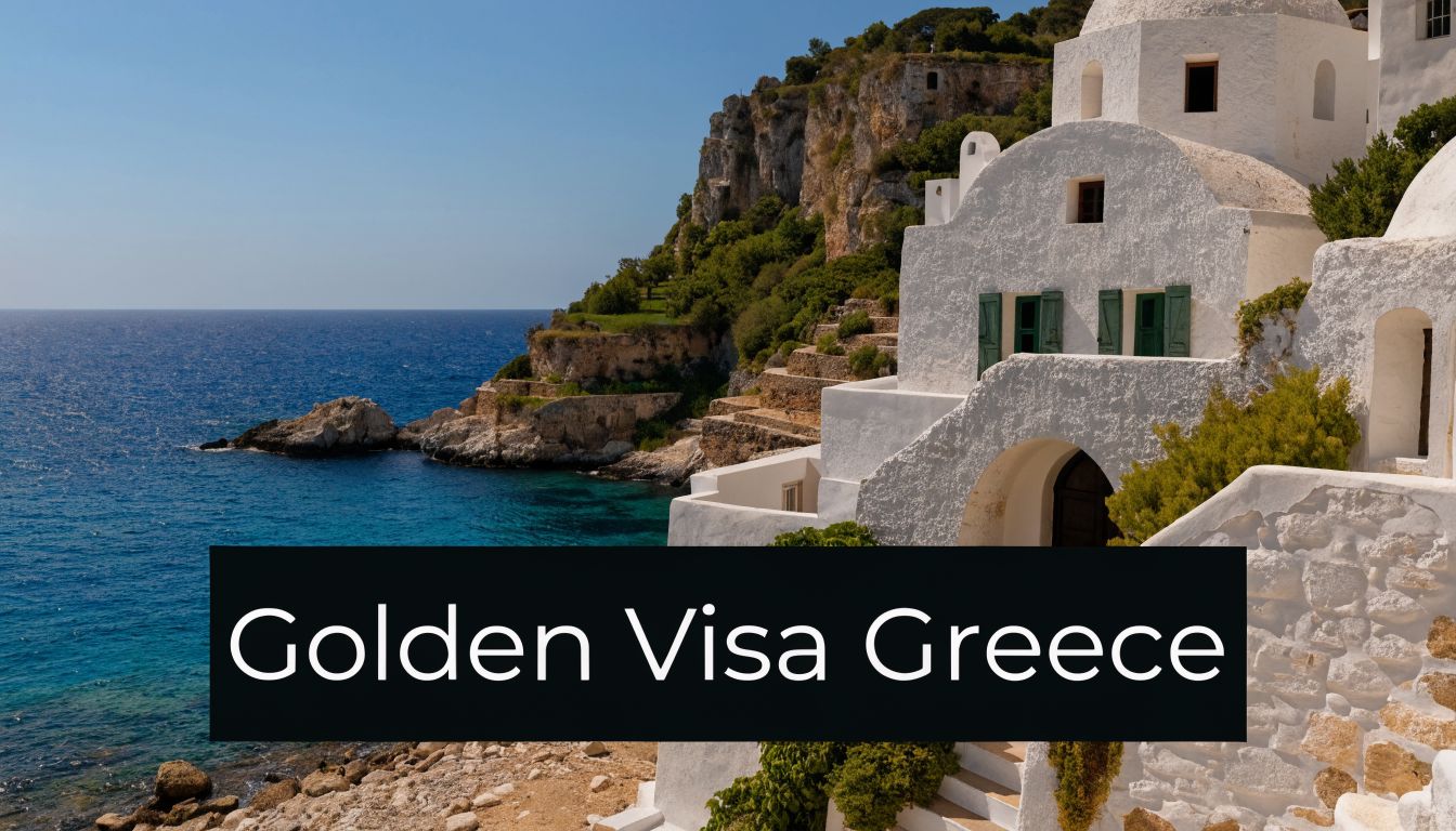 A scenic view of a white Greek villa overlooking the bright blue Aegean Sea under sunlight.