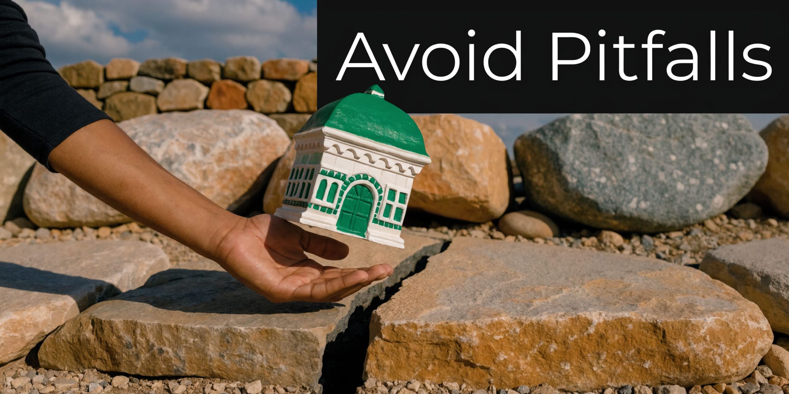 A hand holding a miniature model house over a rocky landscape with the text Avoid Pitfalls overlayed.