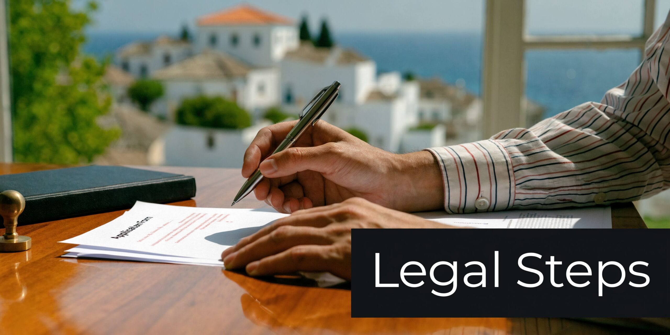 A person signing an application form on a wooden desk with a Greek coastal village background.