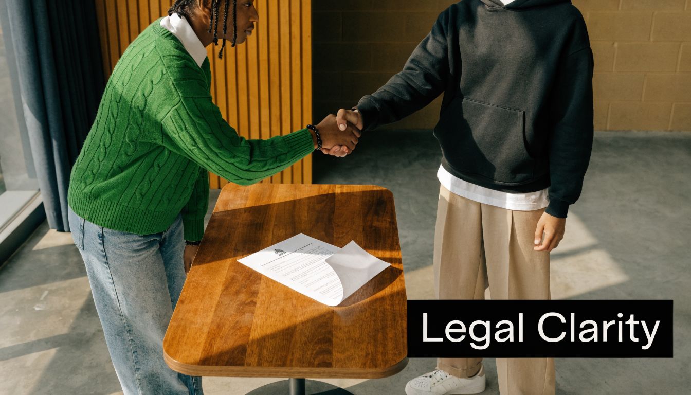 Two people shake hands over a document placed on a wooden table, symbolizing a formal business agreement.