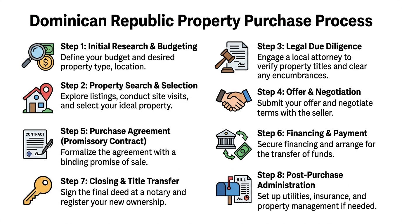 An infographic detailing the eight sequential steps to buying a property in the Dominican Republic.