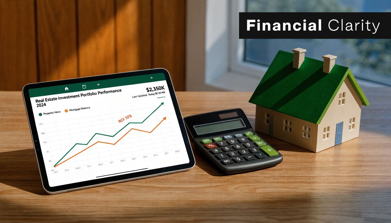 A digital tablet showing real estate investment portfolio performance next to a calculator and a house model.