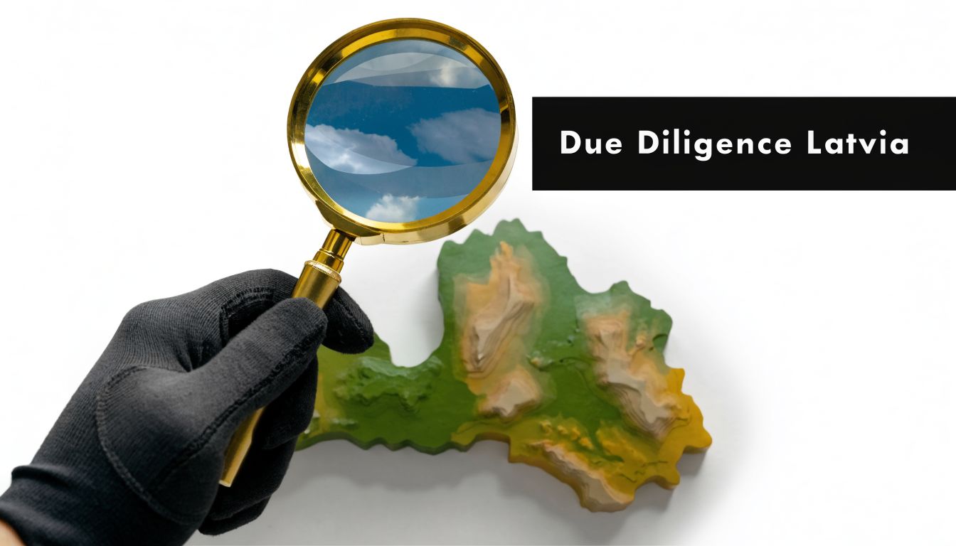 A gloved hand holds a magnifying glass over a 3D topographic map of Latvia.