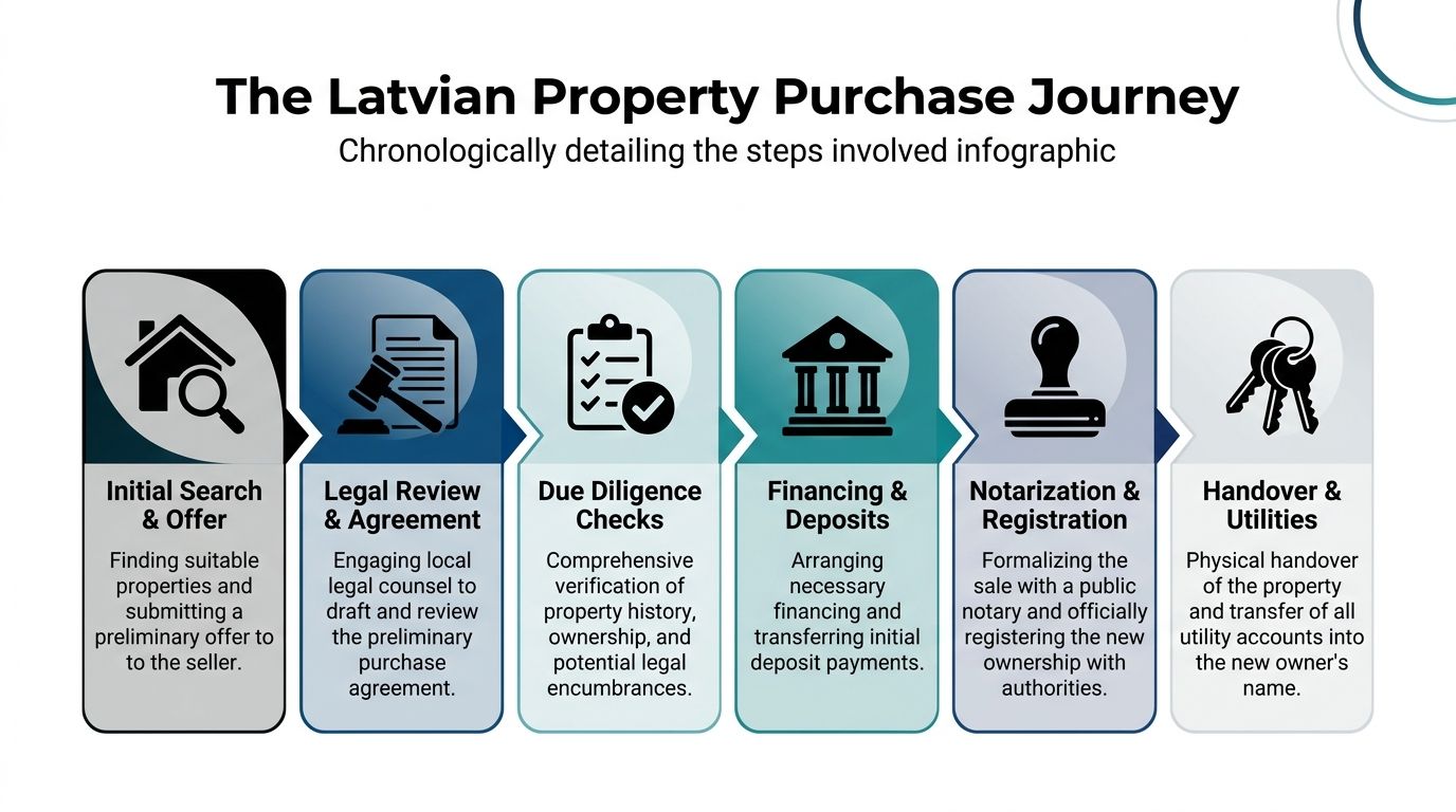 An infographic detailing the six chronologically ordered steps for purchasing a property in Latvia.