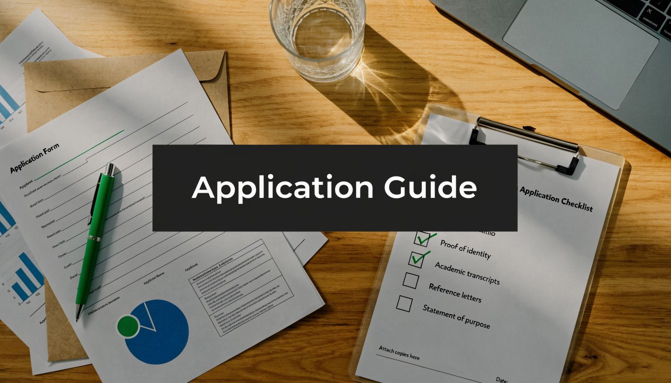 A professional desk workspace featuring an application form, a checklist, and a green pen for visa processing.