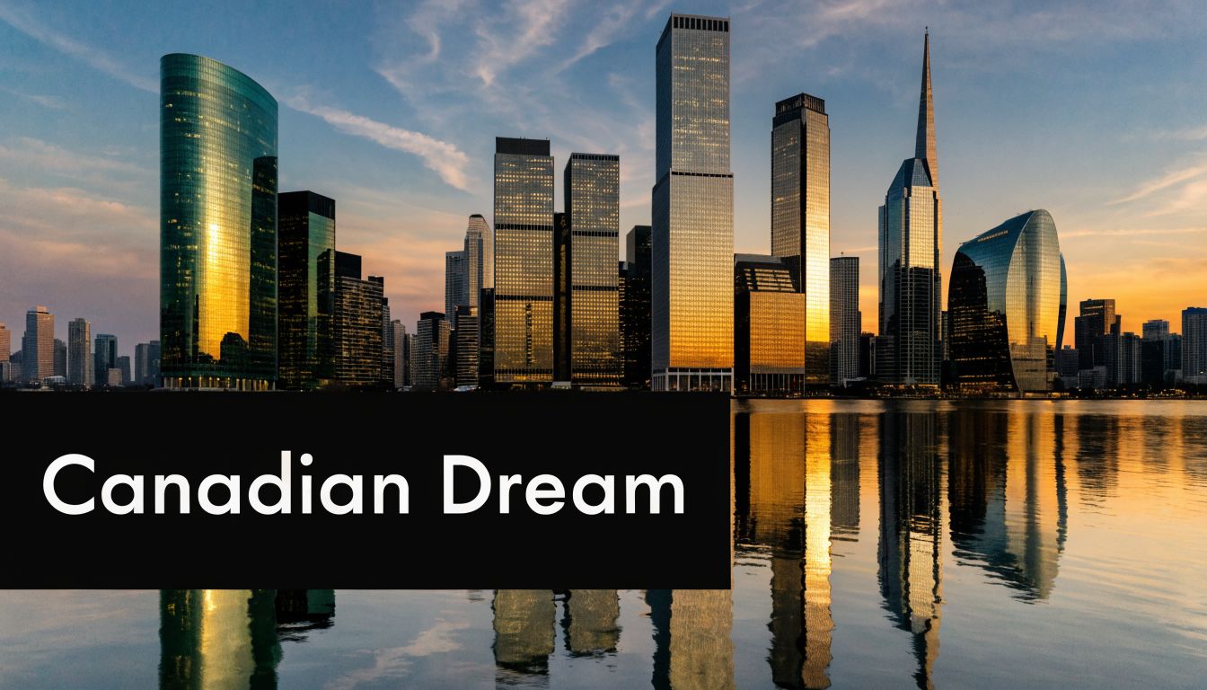 A stunning sunset view of a modern urban skyline reflecting over calm water in Canada.