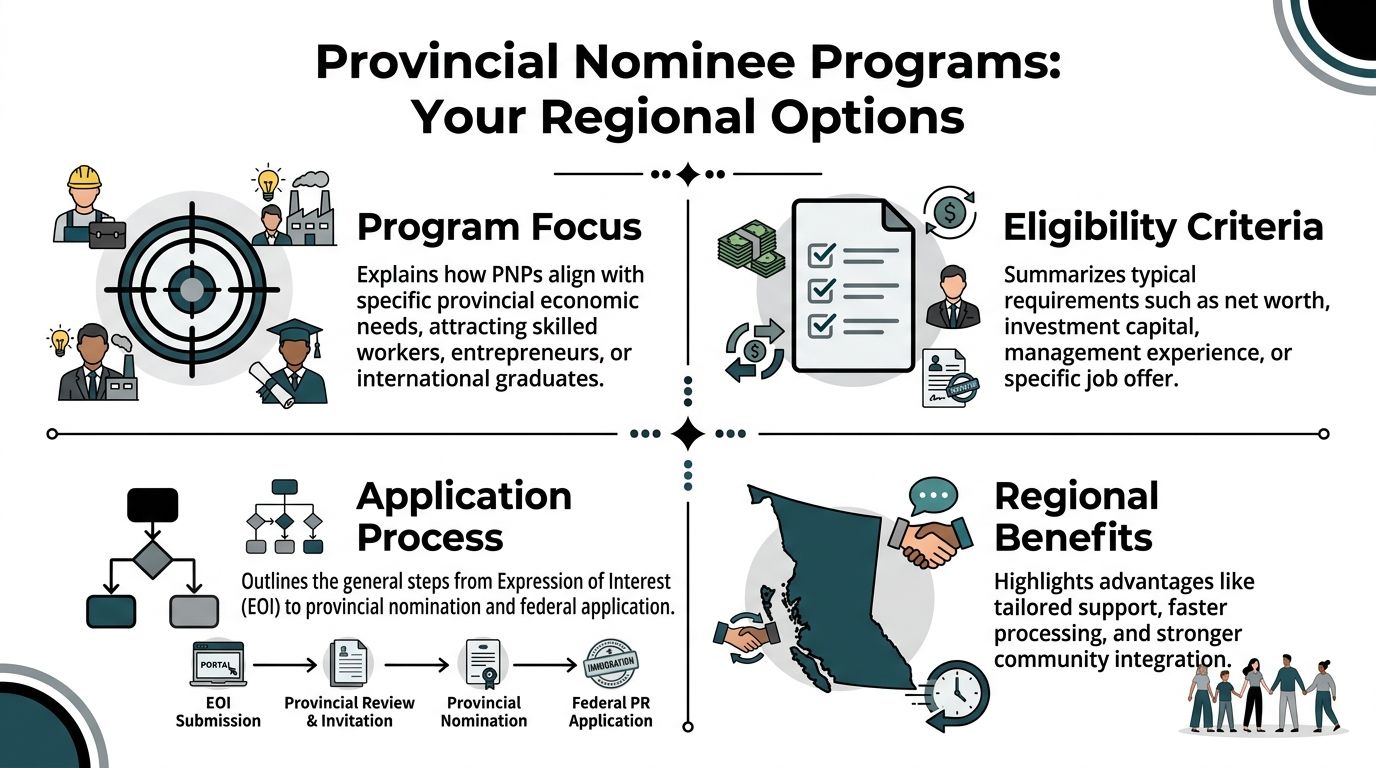 An infographic detailing Provincial Nominee Programs including focus areas, eligibility criteria, application processes, and regional benefits for Canada.