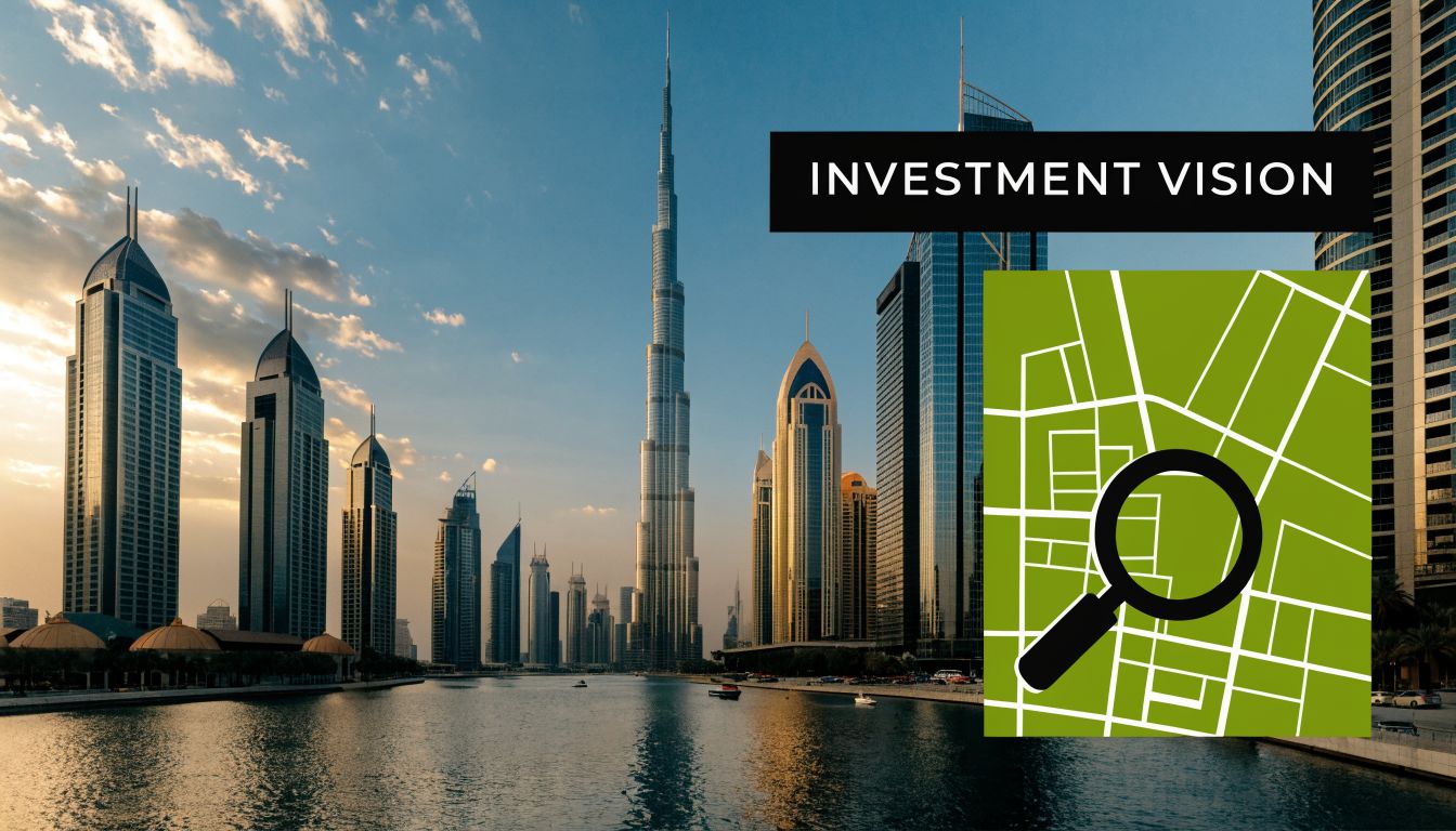 A scenic view of the Dubai skyline with skyscrapers at sunset next to a map icon overlay.