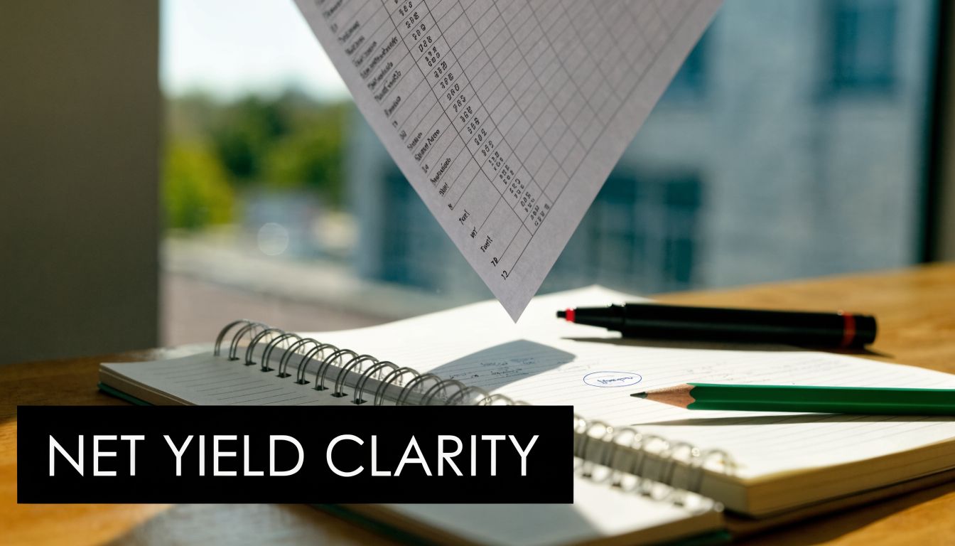 A close-up of a notebook, a pencil, and a document displaying financial data on a wooden desk.
