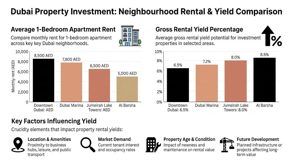 A bar chart comparing 1-bedroom apartment monthly rent and gross rental yield across four Dubai neighborhoods.