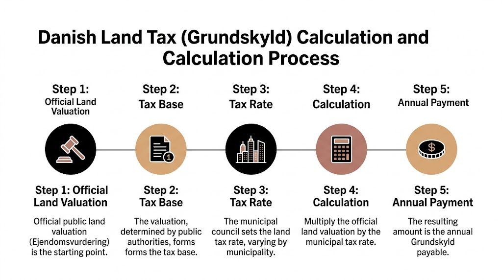 A five-step flowchart illustrating the calculation process for Danish land tax, known as Grundskyld.