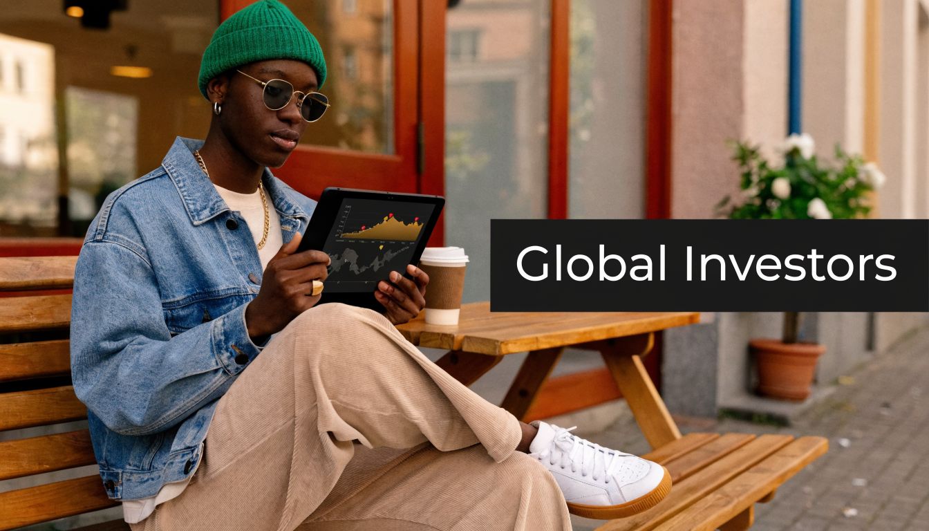 A stylish young investor reviews financial market data on a tablet while sitting on an outdoor bench.