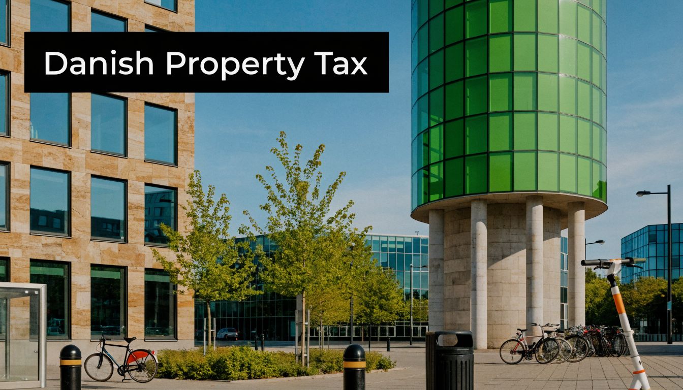 A view of modern urban office buildings in Denmark featuring glass architecture and a prominent text overlay.