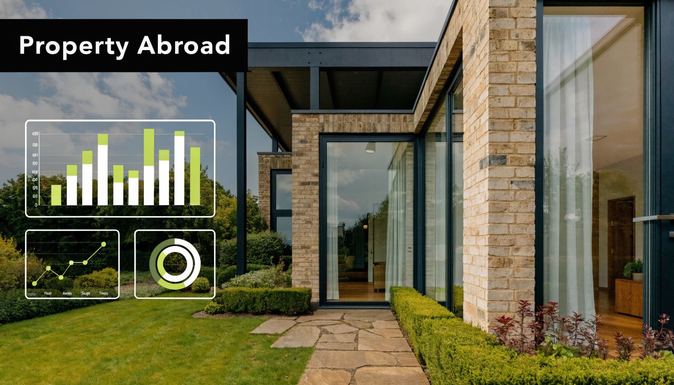 A modern brick house exterior set against a green garden with floating data analytics charts overlayed.