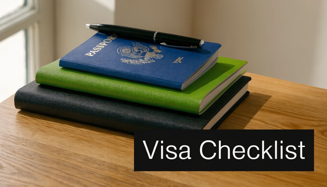 A stack of notebooks and a US passport topped with a pen on a wooden table.