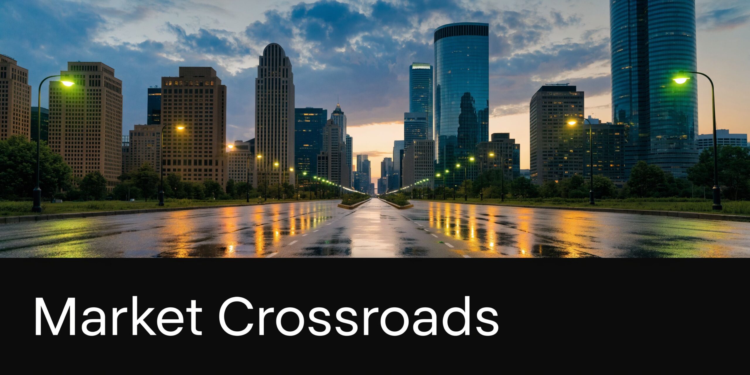 A wide city street at sunset with towering modern skyscrapers reflected in the wet asphalt pavement.