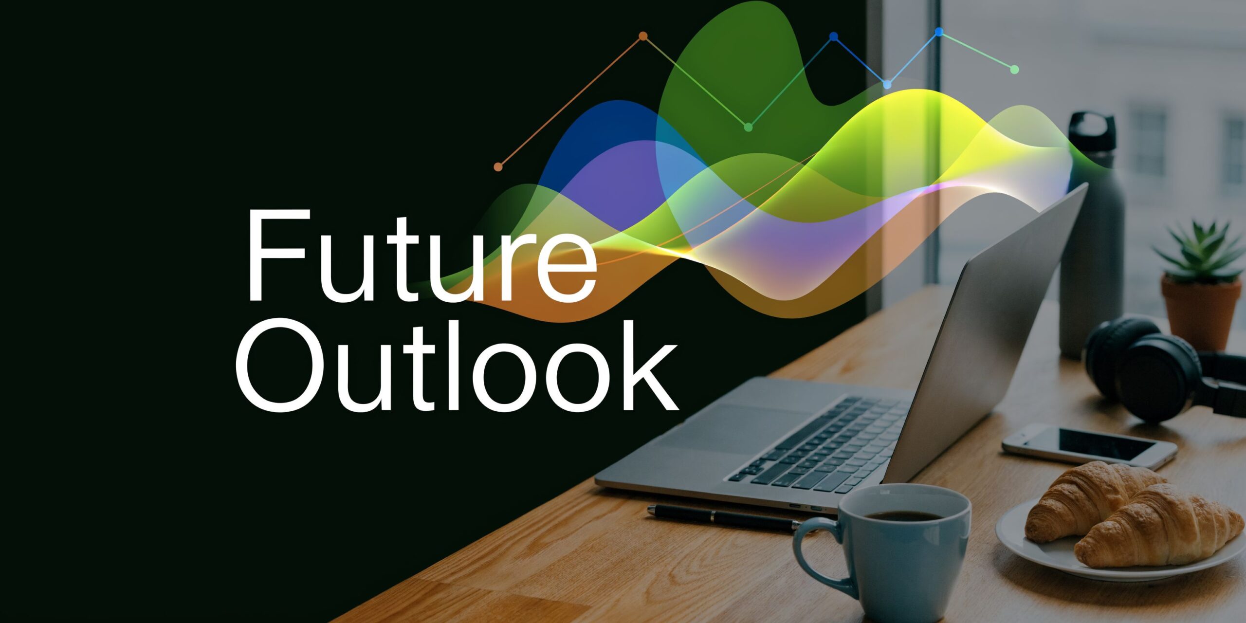 A laptop on a wooden desk with a digital wave chart overlaying the future outlook text.