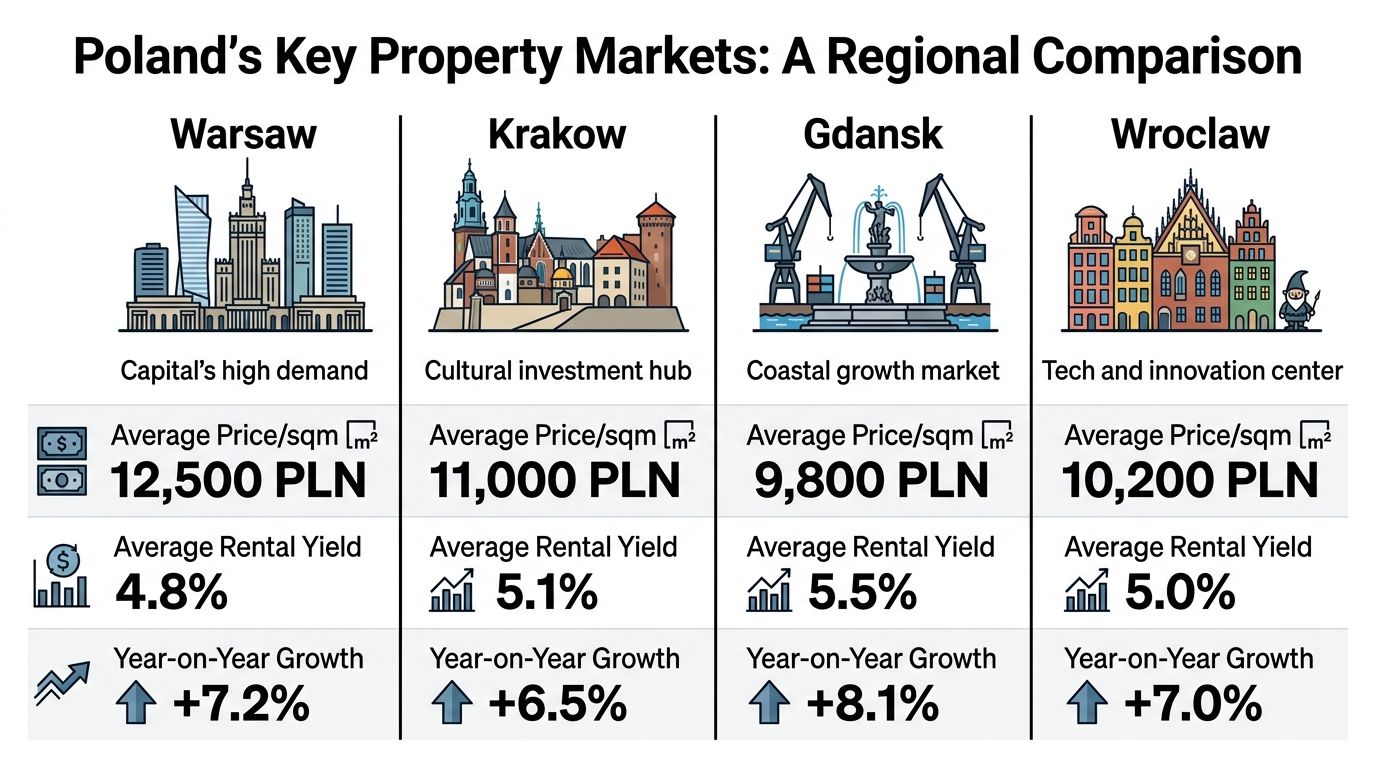 A comparison chart showing average property prices, rental yields, and growth for Warsaw, Krakow, Gdansk, and Wroclaw.