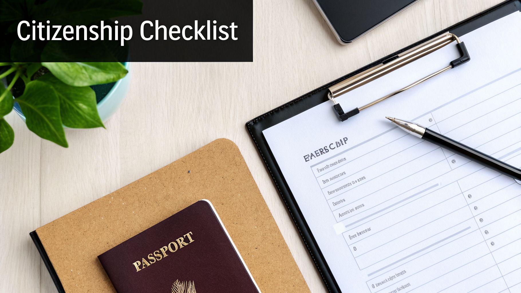 A flat lay of a citizenship checklist form, a passport, and a pen on a wooden desk.