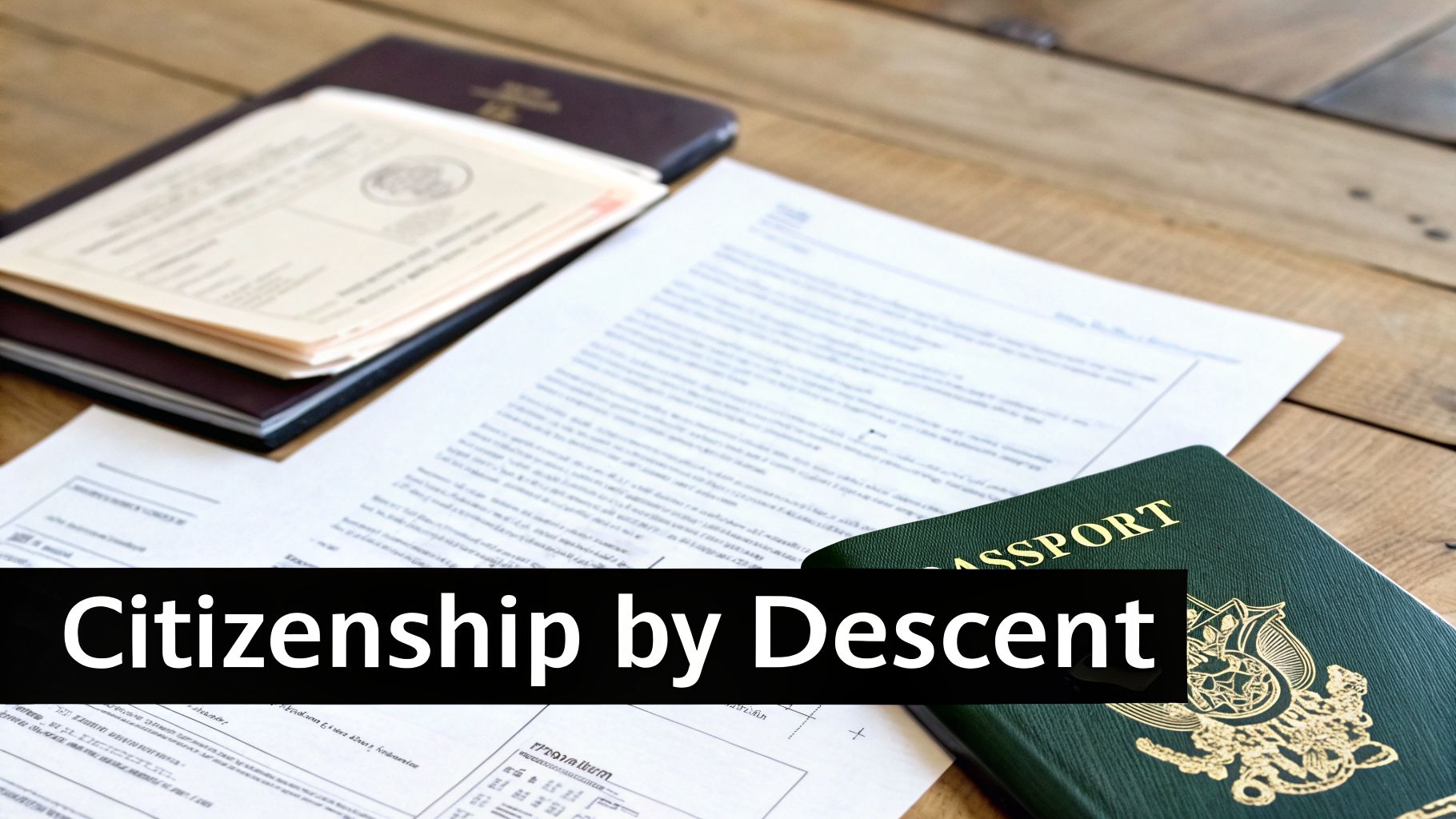 A green passport, application forms, and other legal documents on a wooden table, with text 'Citizenship by Descent'.