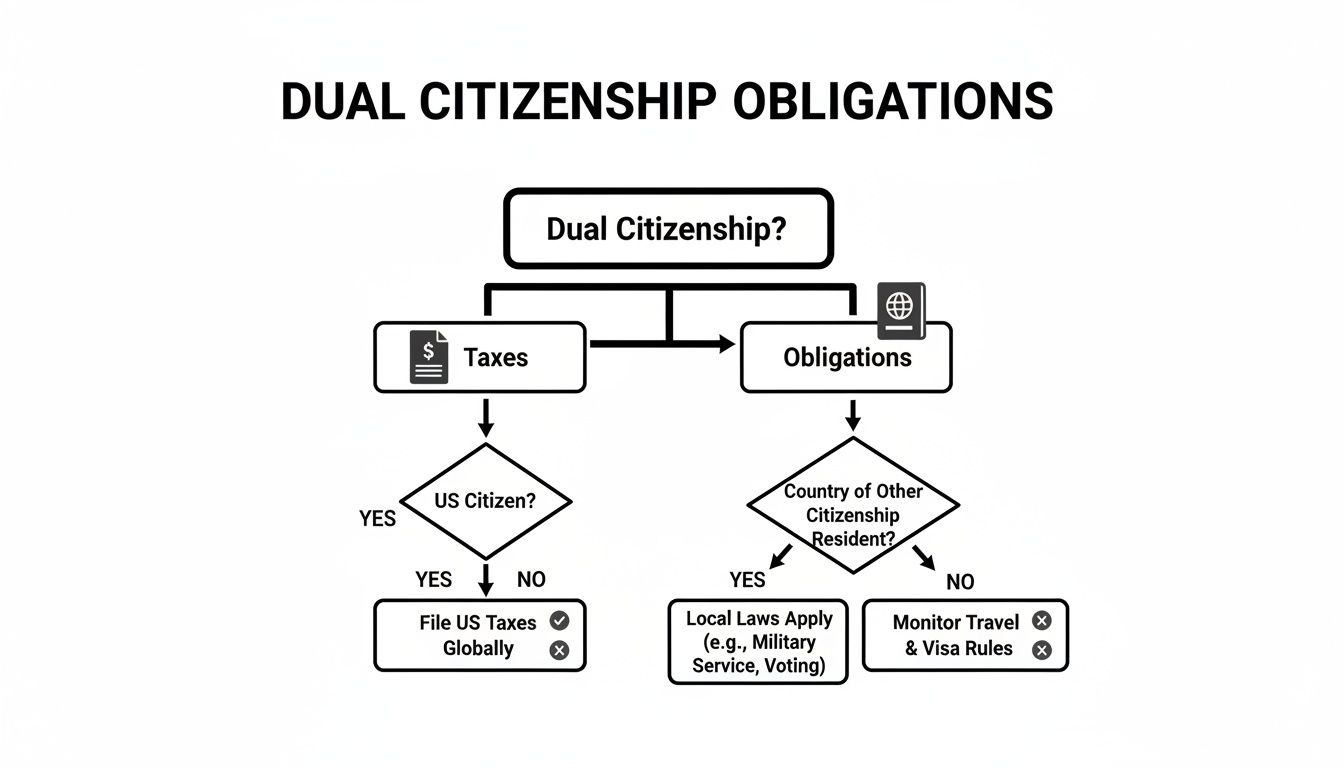 Flowchart detailing dual citizenship obligations, covering taxes, local laws, and travel regulations.
