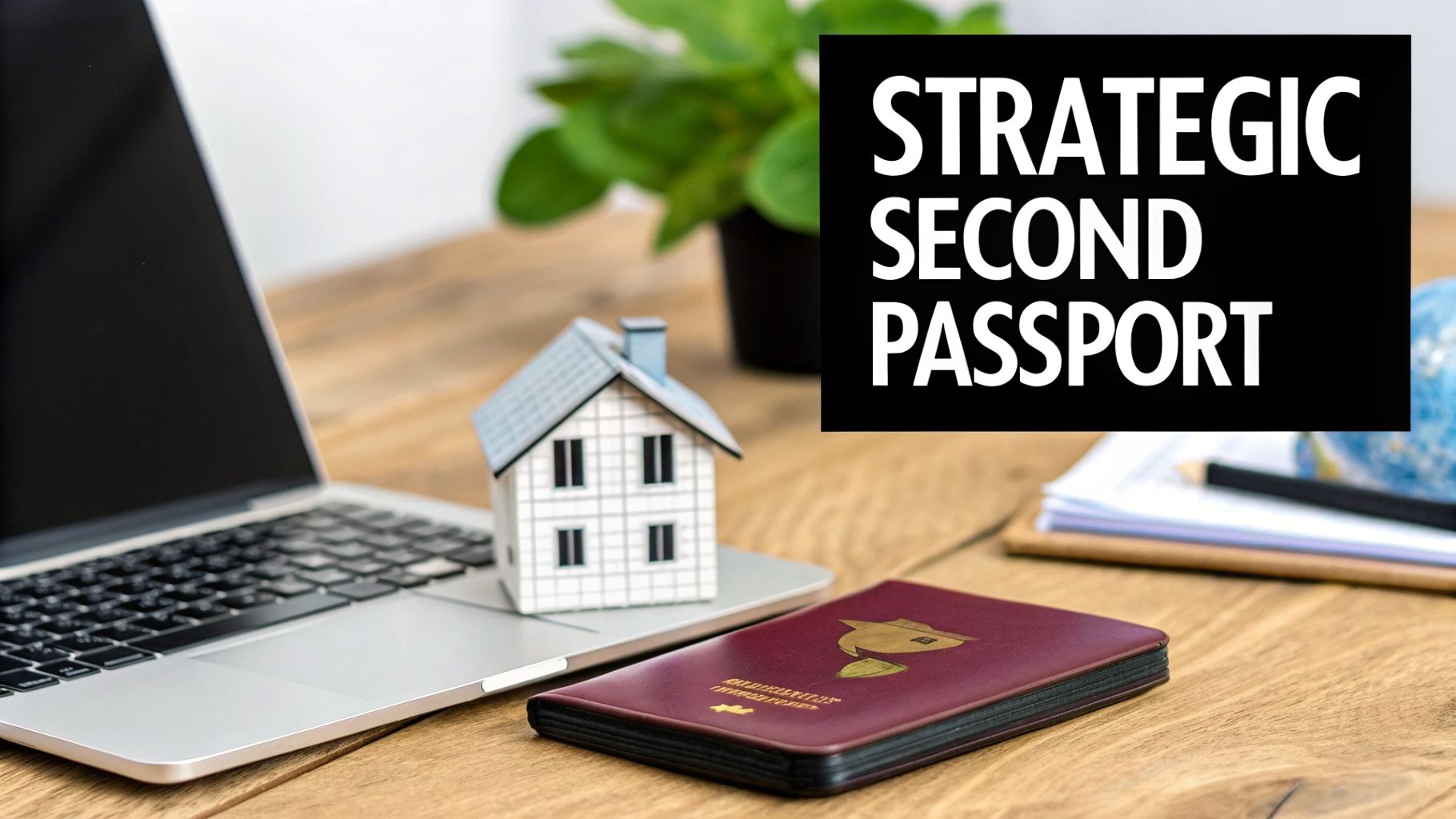 A wooden desk with a laptop, miniature house, and a passport, with text 'Strategic Second Passport'.