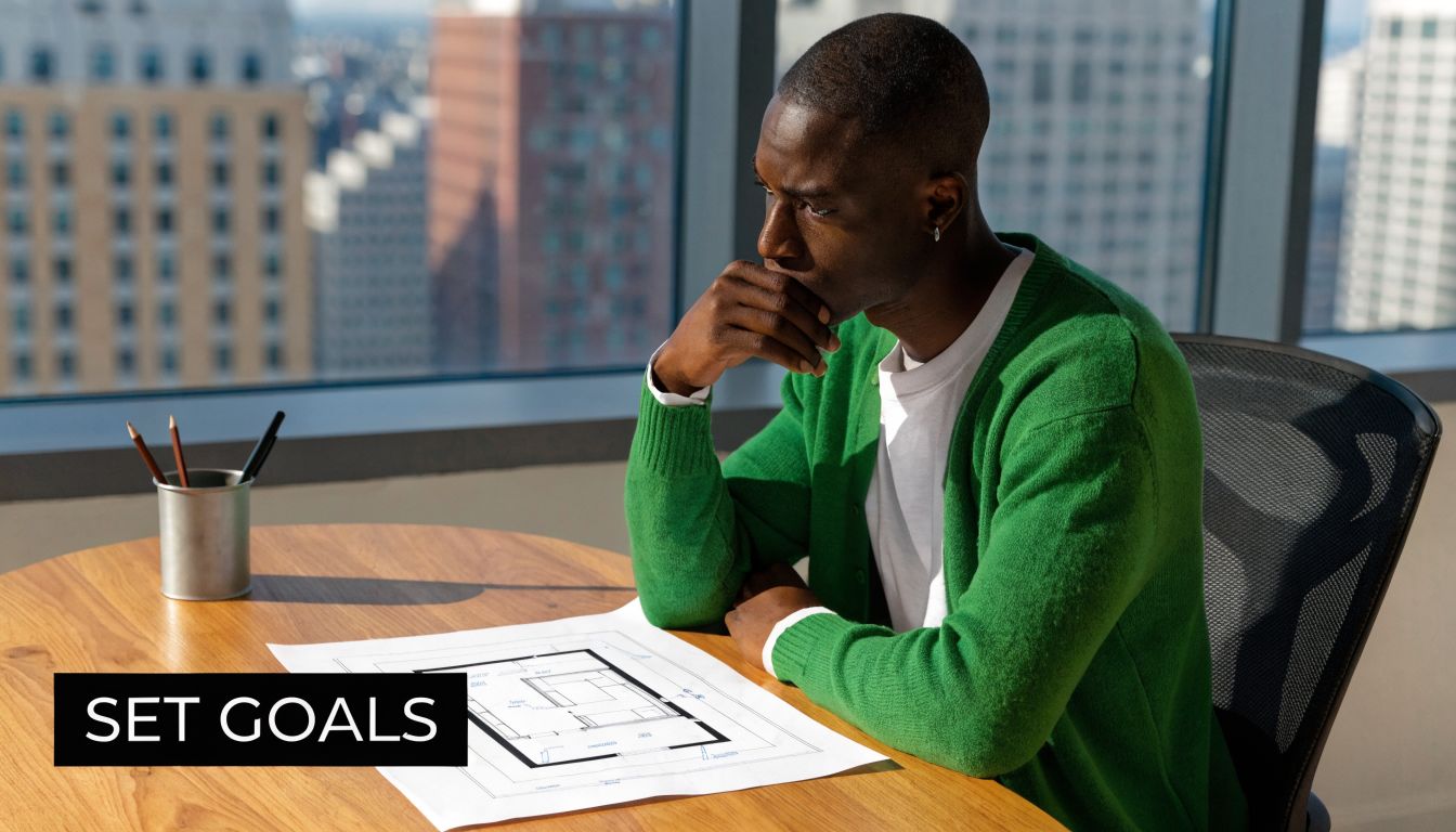 A focused man in a green cardigan examines architectural floor plans while sitting at an office desk.
