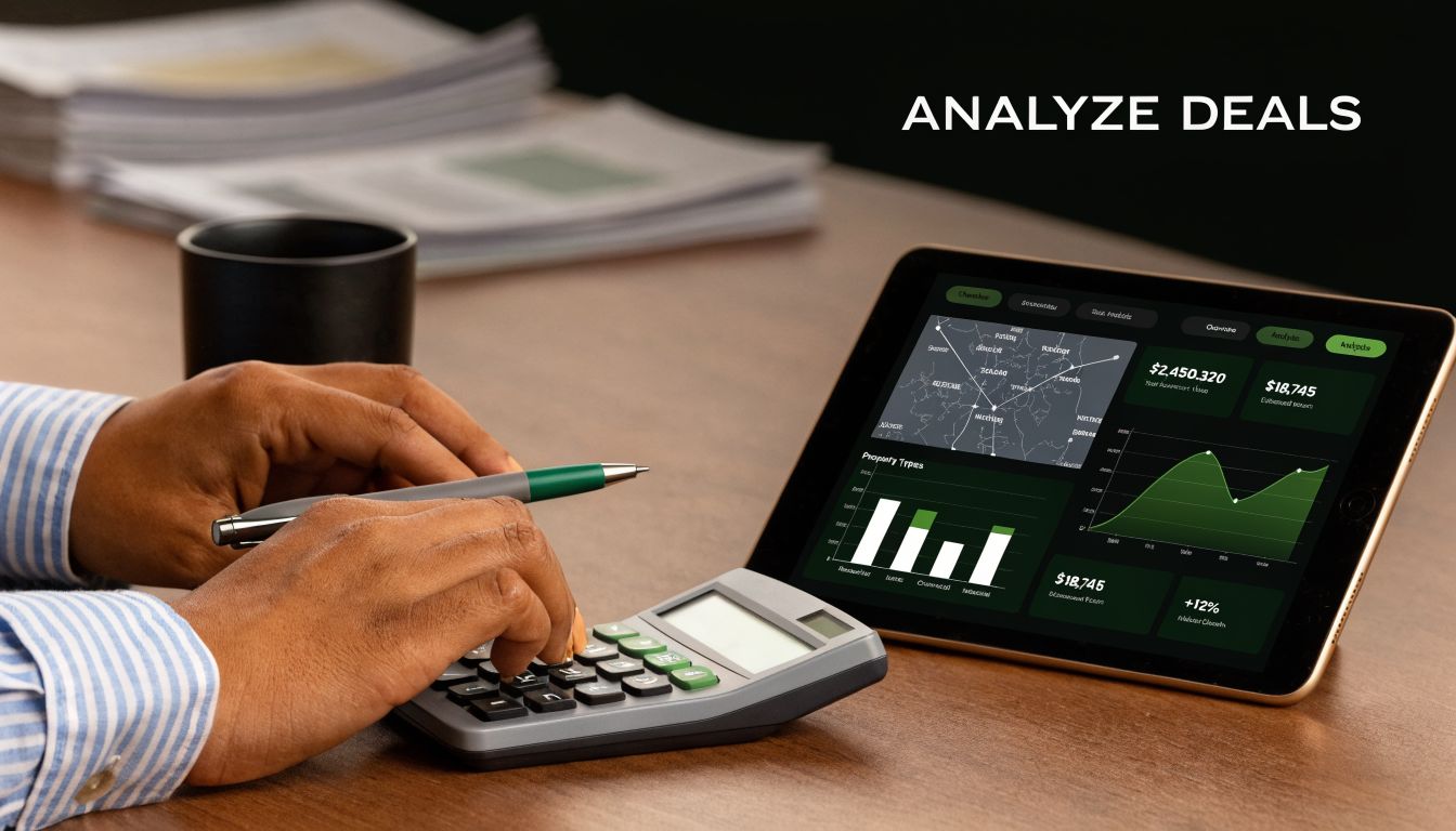A professional analyzing real estate deal metrics on a tablet and calculator while working at a desk.