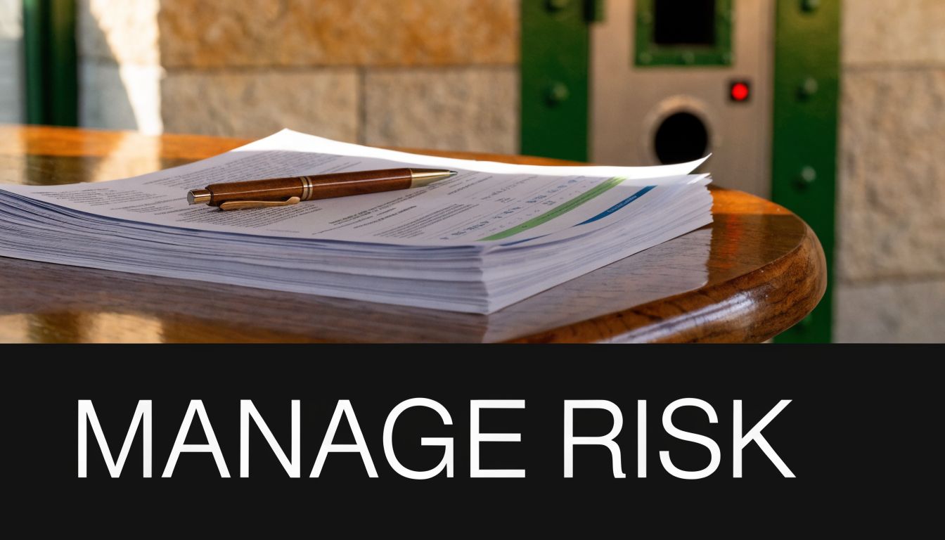 A stack of documents with a brown pen sitting on a wooden table near a vault.