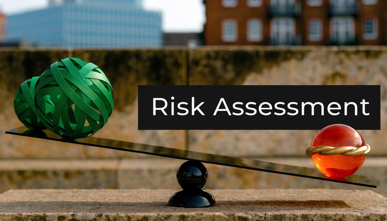 A conceptual visual showing a balanced scale with green and red spheres representing risk assessment.