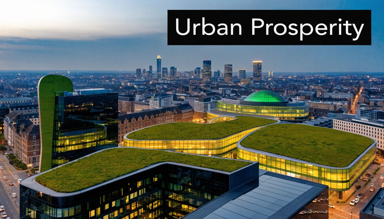 A modern eco-friendly urban office complex with green roofs and glass architecture in Manchester city center.