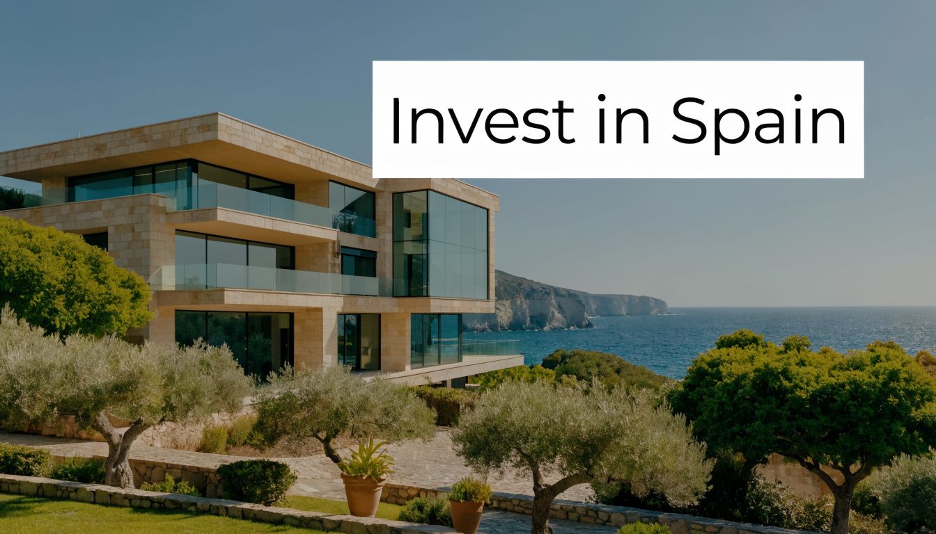 A luxurious modern villa with stone walls overlooking the beautiful blue sea in a sunny Spanish landscape.