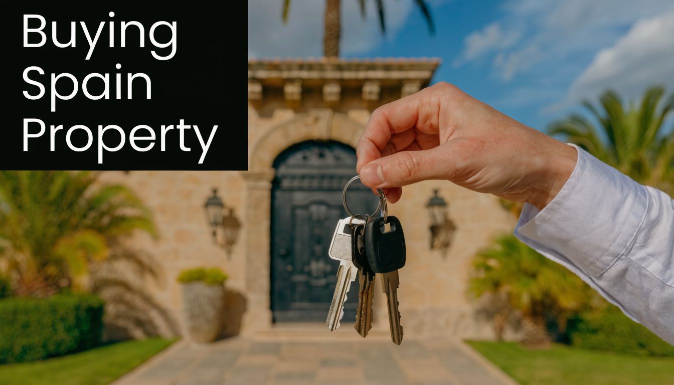 A hand holding a set of house keys with a luxury Spanish villa in the background.