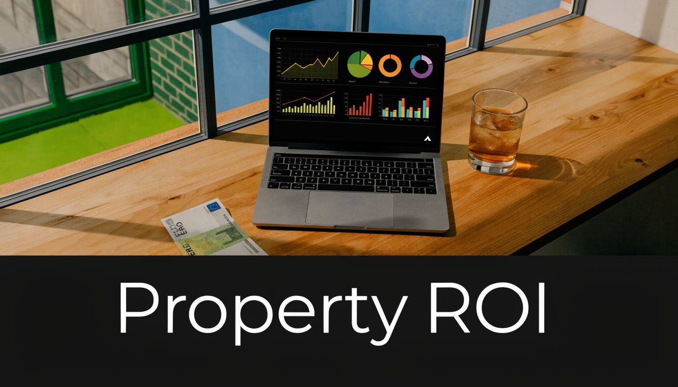 A laptop showing financial data charts beside a glass of whiskey and a bank note on a desk.