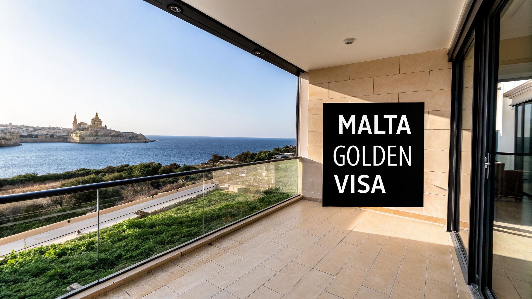 Stunning balcony view of Valletta's coastline and historic buildings, featuring a 'Malta Golden Visa' text overlay.