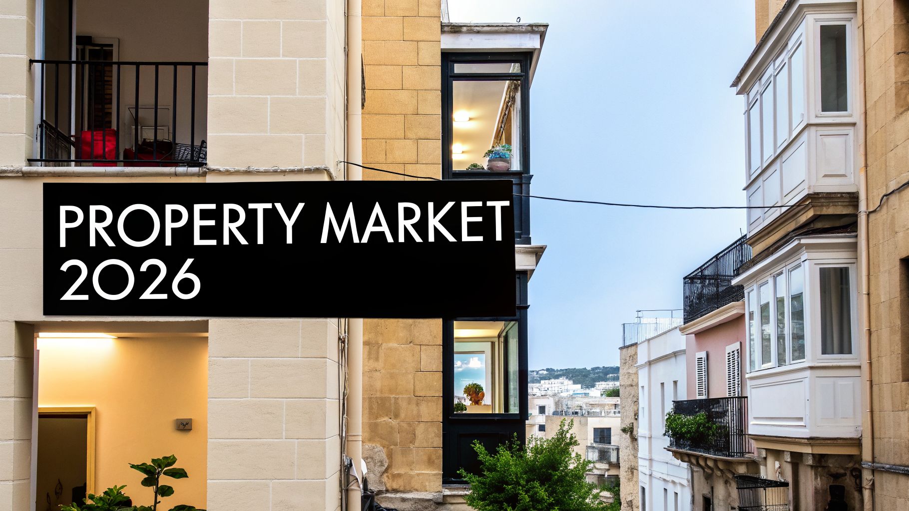 A black banner with 'PROPERTY MARKET 2026' text hangs between residential buildings and balconies.