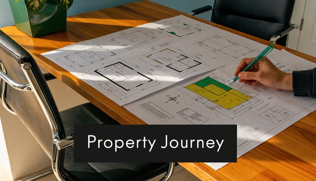 An architect or property developer reviewing house floor plans on a wooden desk with a green pen.