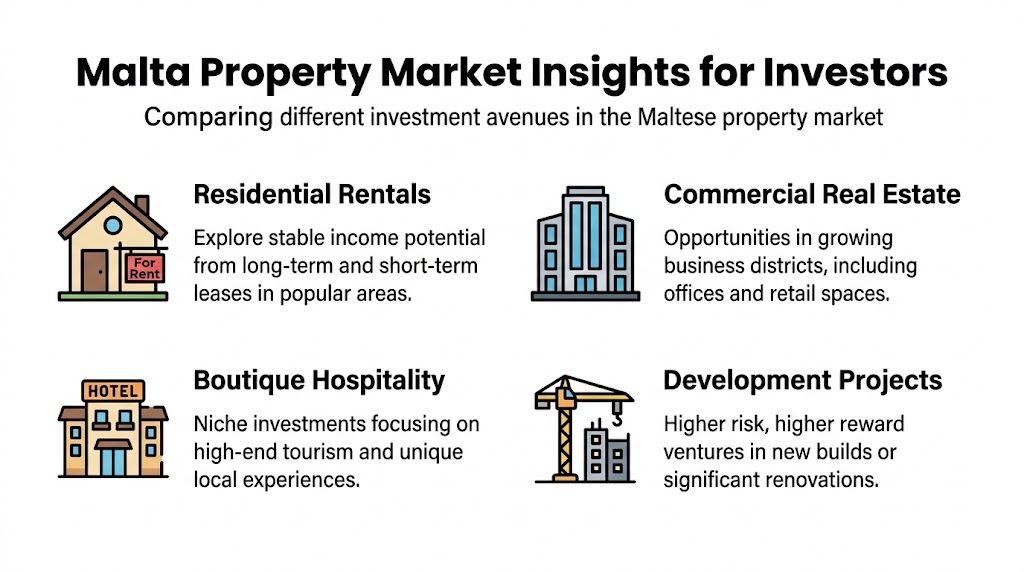 An infographic titled Malta Property Market Insights for Investors, illustrating four main real estate investment categories.