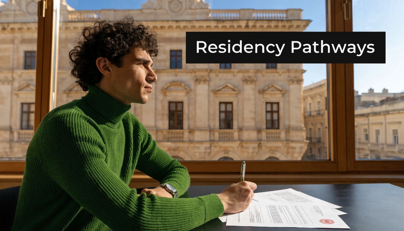 A man in a green sweater reviewing documents while looking out the window at historic buildings.