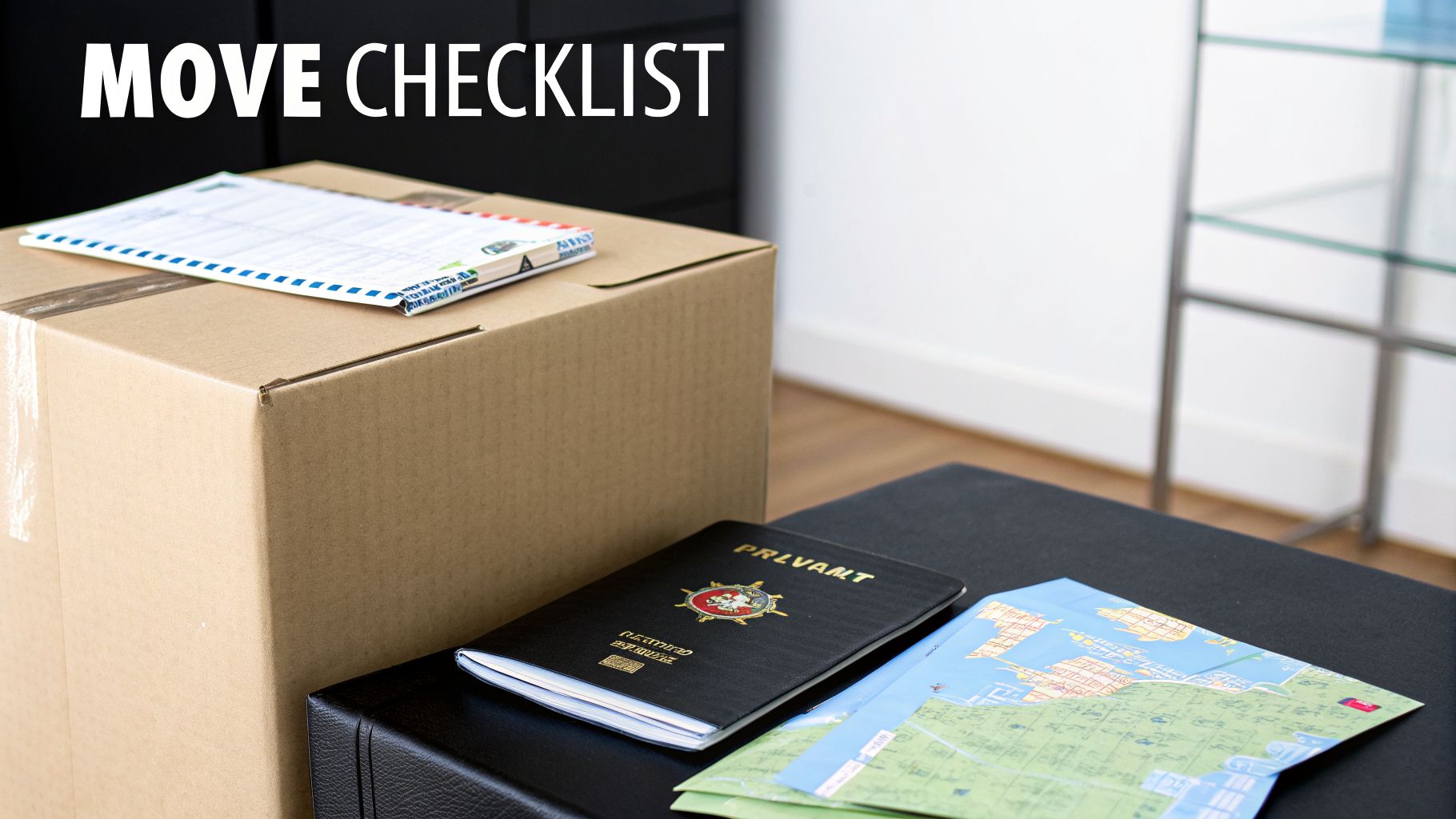 A cardboard moving box, a passport-like document, and maps are displayed next to 'MOVE CHECKLIST' text.