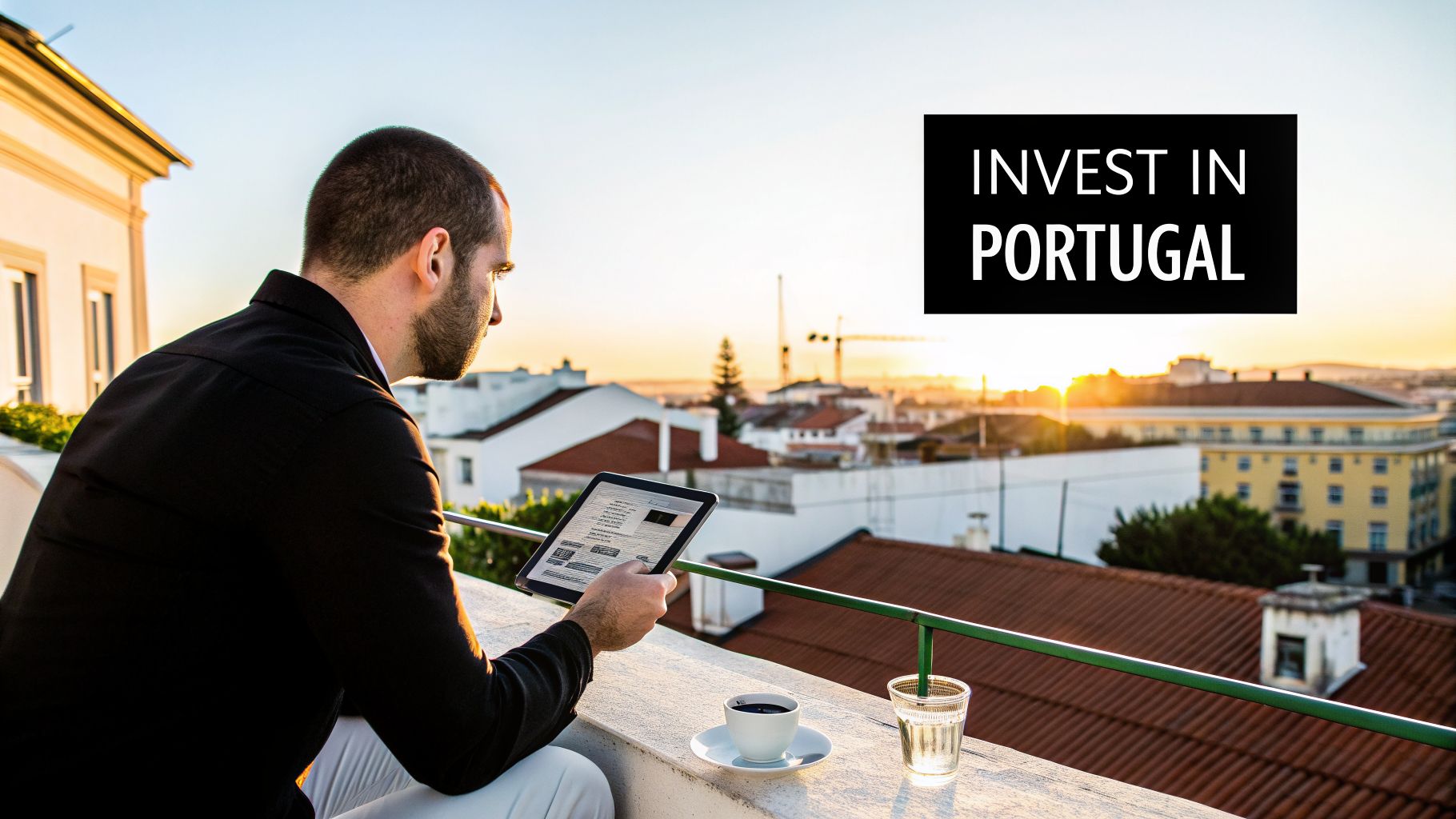 A man on a balcony at sunset views a tablet, with 'INVEST IN PORTUGAL' overlaying a city skyline.