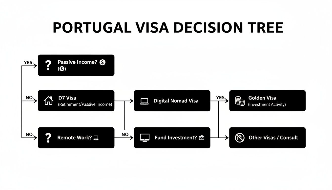 A Portugal visa decision tree outlining options based on passive income, remote work, or fund investment.