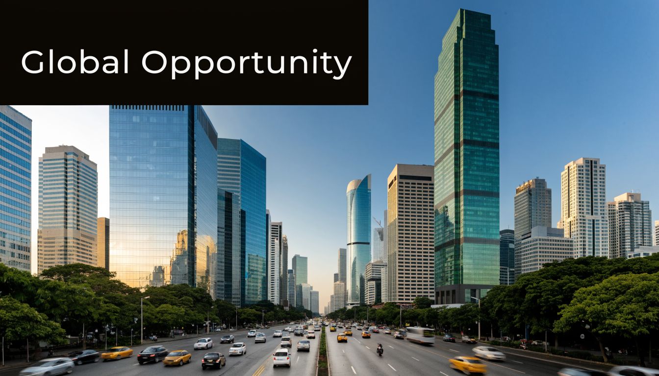 A wide angle view of a bustling highway surrounded by modern glass skyscrapers in Manila, Philippines.